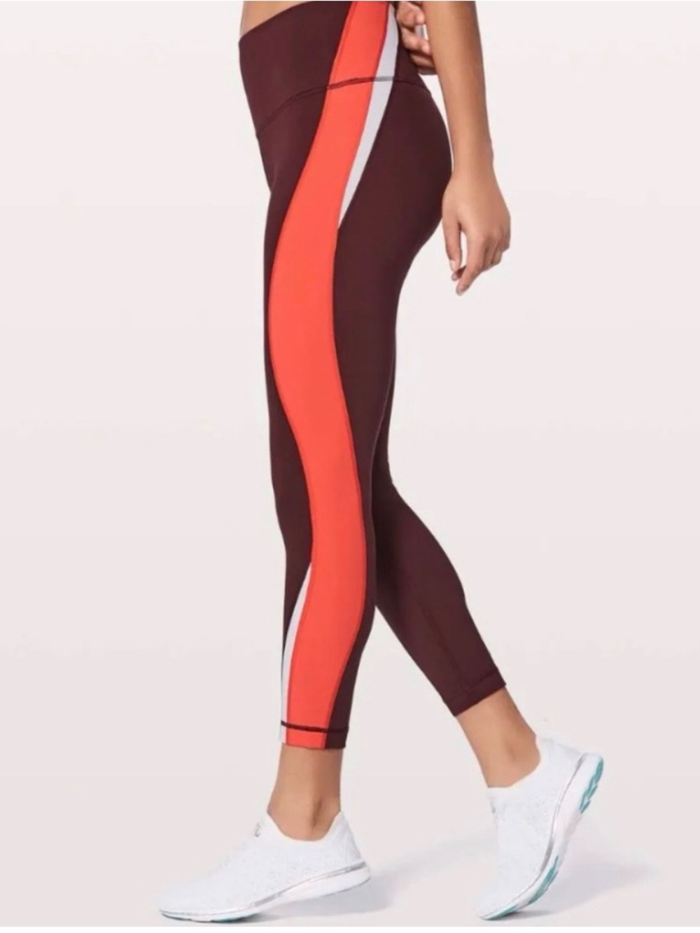 lululemon athletica Maroon Leggings with Coral & White Side Stripe